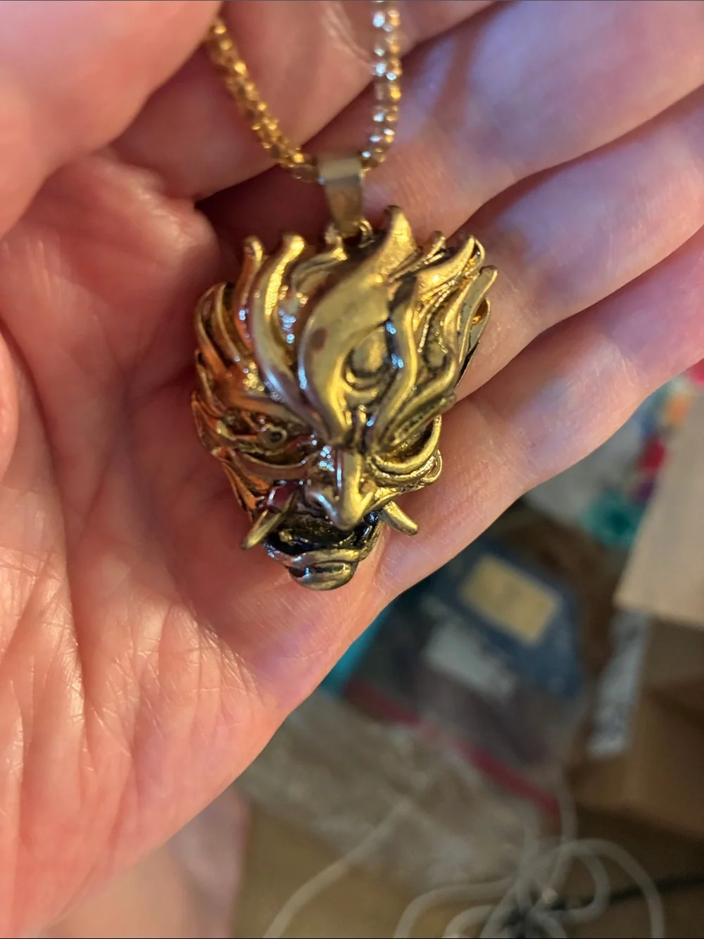 Demon Mask Pendant Gold-Tone Necklace